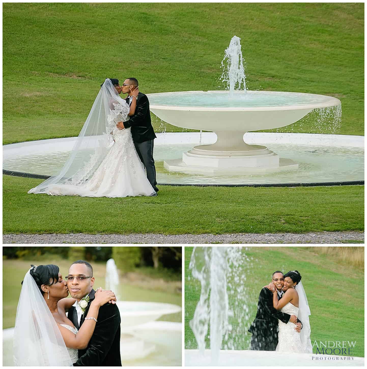 Bride and groom by fountain at addington palace surrey