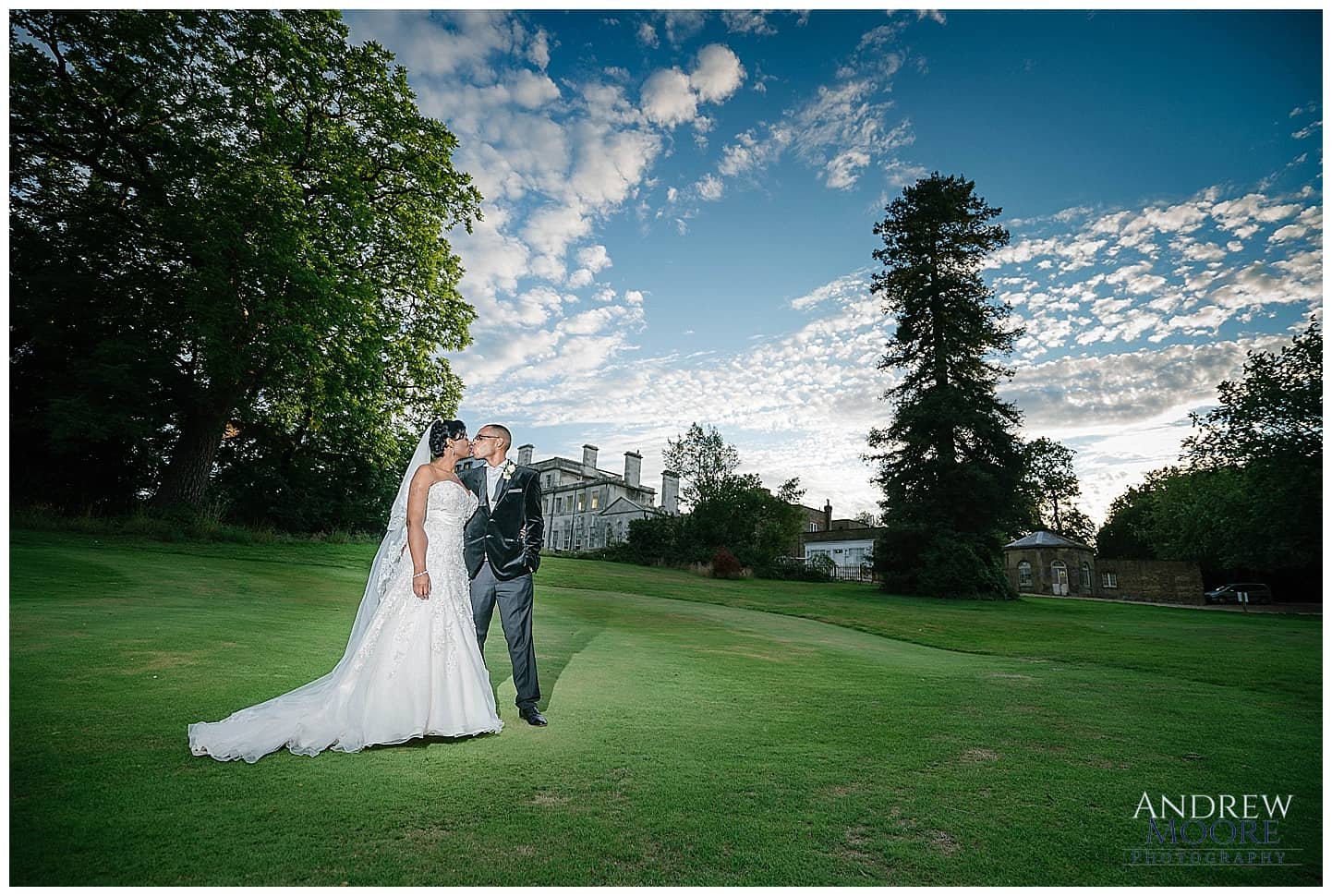 wedding couple at addington palace dusk