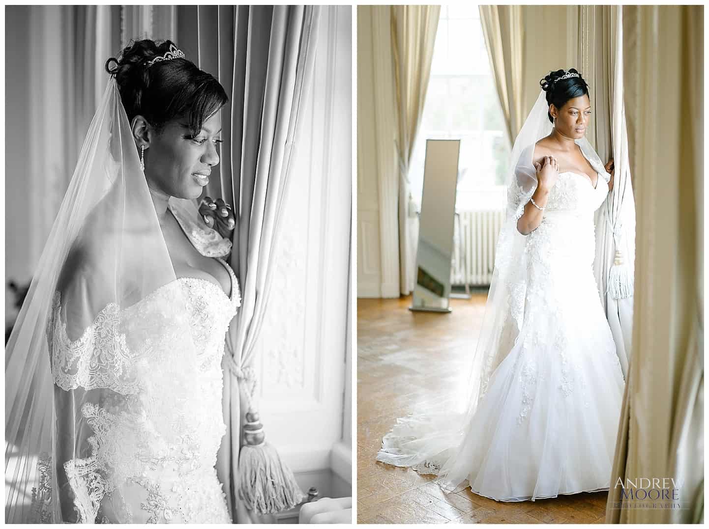 Bride looking out of window at Addington palace 