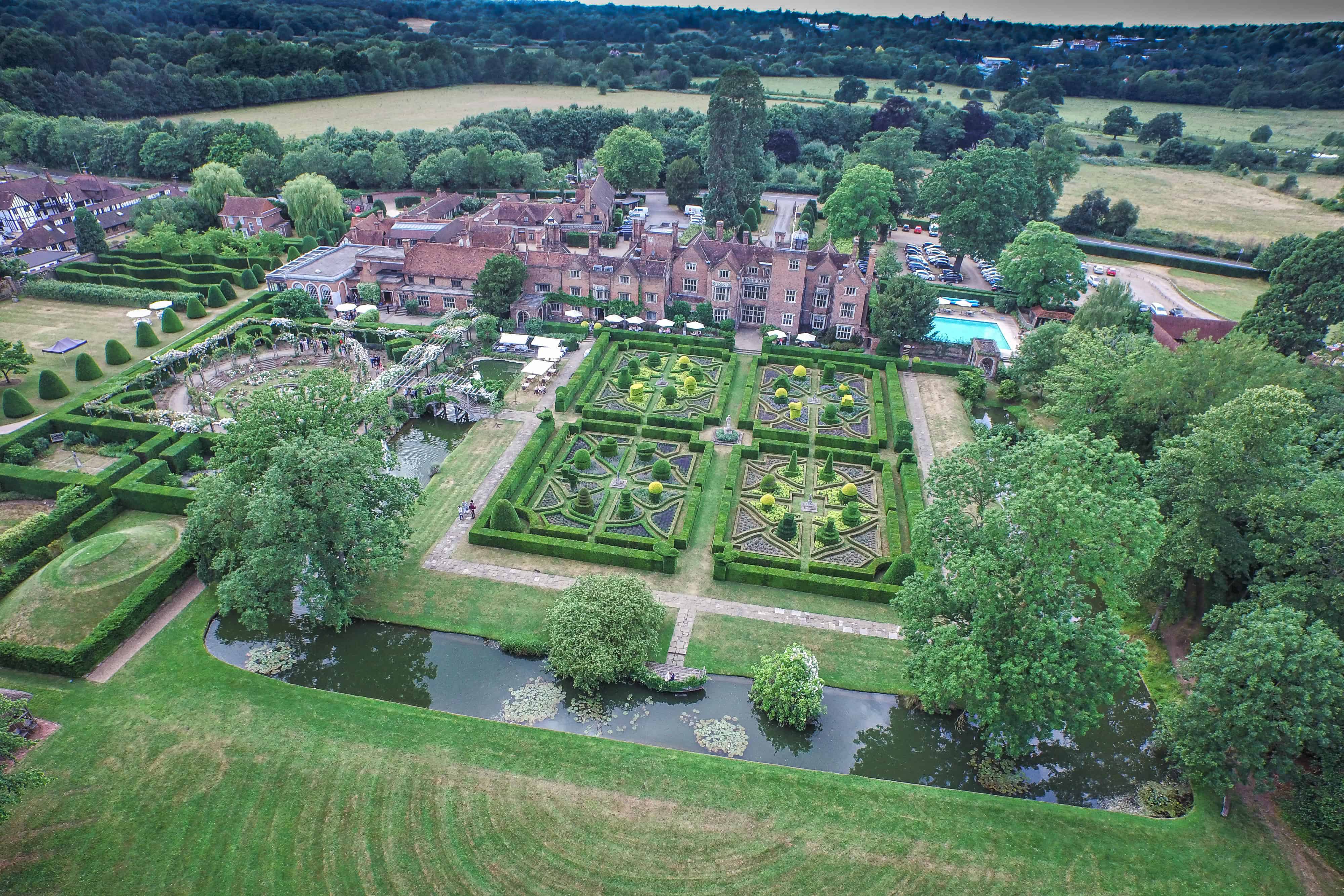 Aerial photos of great fosters on a wedding day
