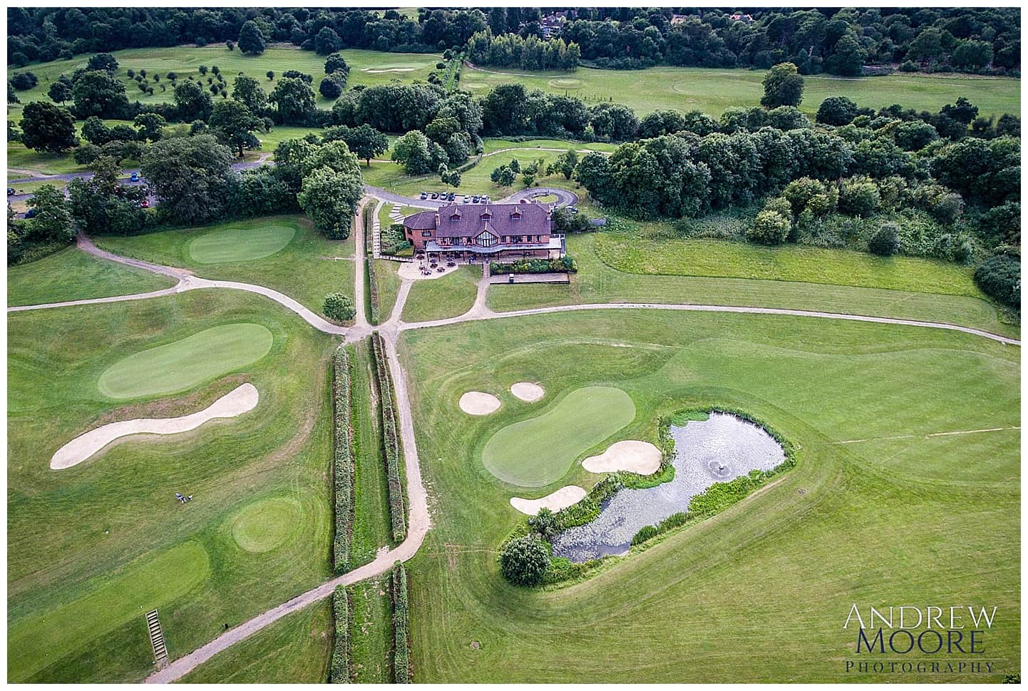 drone,wedding, aerial photo of surrey national golf club wedding venue 