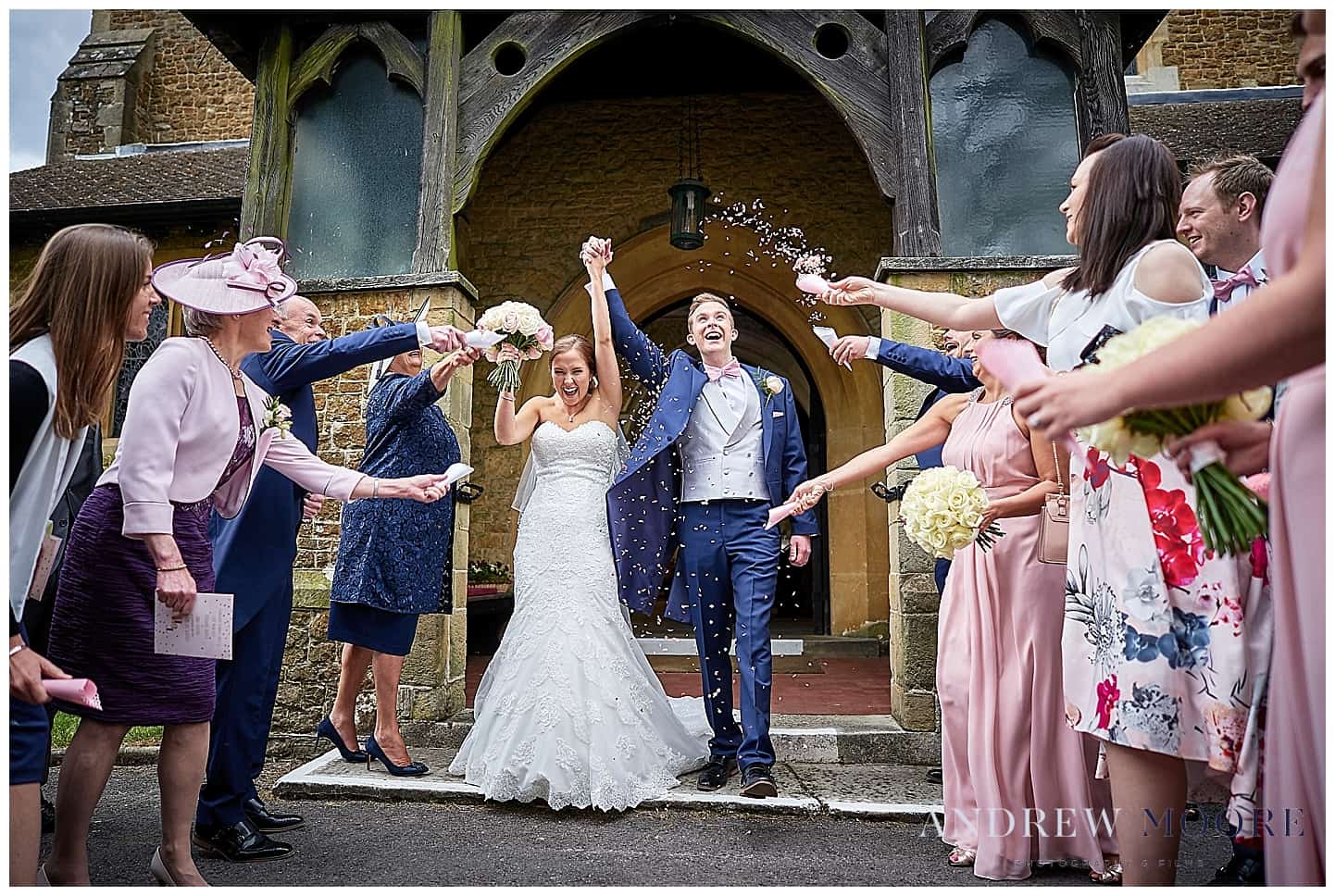 confetti time outside st lukes church grayshot surrey wedding 