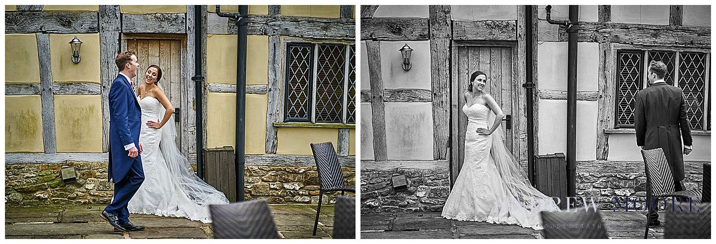 bride checks out the groom walking by on wedding day , cain manor 