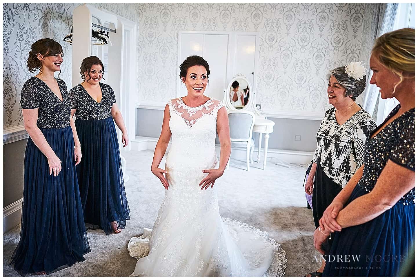 bride with mum and bridesmaids at moor park wedding venue