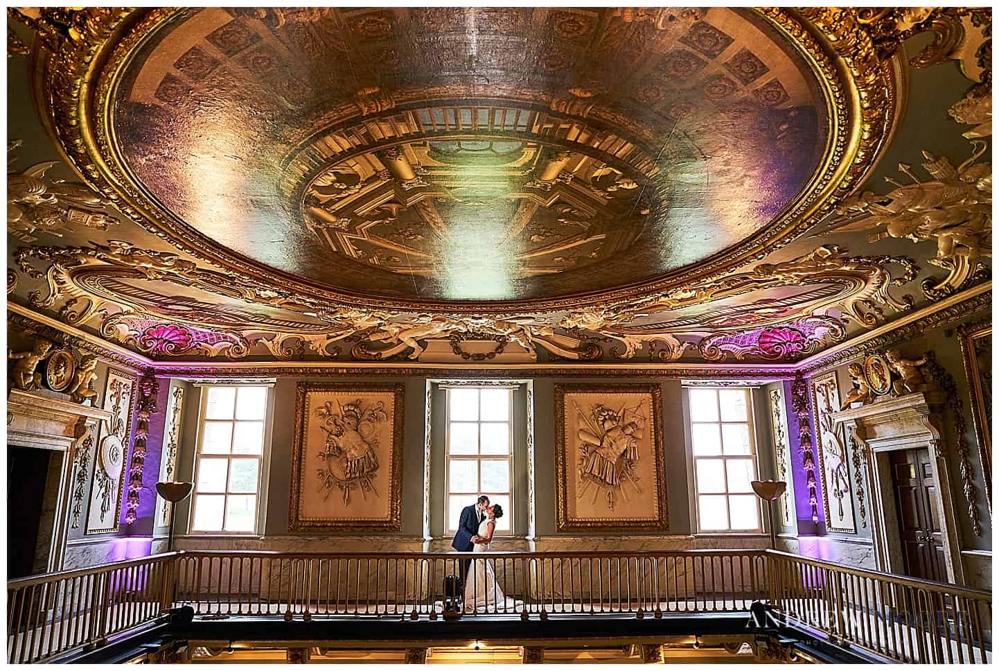 epic wide angle photo on balcony wedding day moor park wedding venue